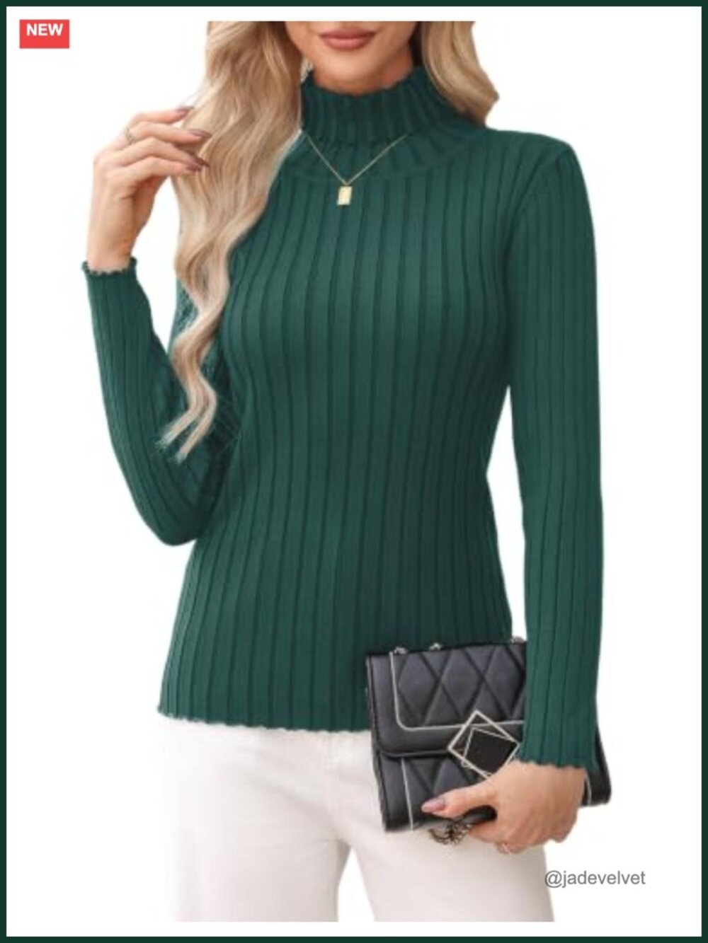 Turtleneck Sweater Long Sleeve Ribbed Knit Pullover Top Ruffle Trim